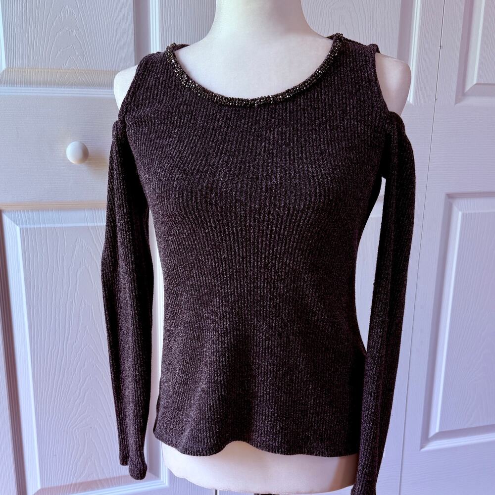 Juicy Couture size M sweater gray cold shoulder scoop neck embellished stretchy